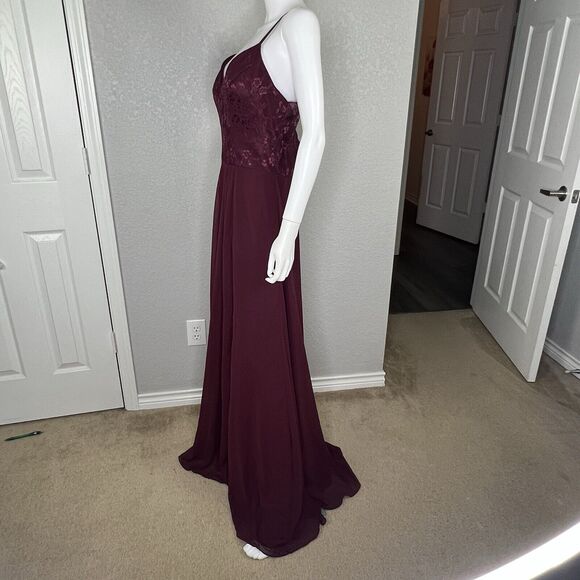 MORI LEE MADELINE GARDNER Size 12 Gown Maxi Dress Lace Chiffon Strappy Burgundy - Picture 8 of 10